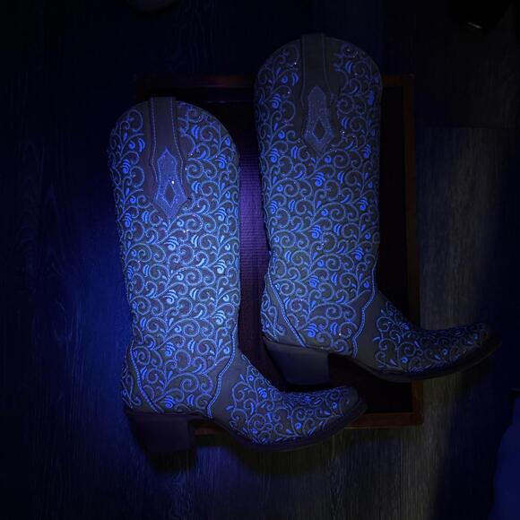 CORRAL WMNS 8 WHITE GLITTER OVERLAY & EMBROIDERY TRIAD SNIP TOE COWBOY BOOT GLOW - Picture 9 of 9